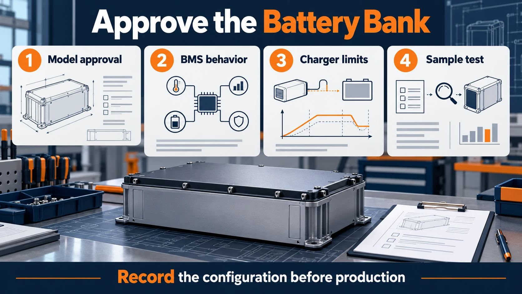 Four review stages for battery bank model approval, BMS behavior, charger limits and sample testing