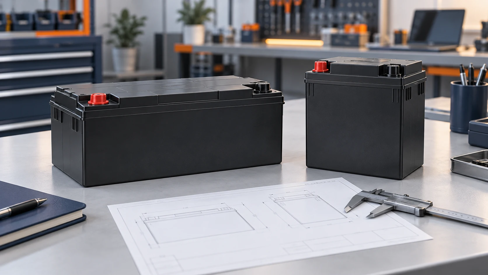 Generic concept illustration of two 12V-class battery enclosures and a dimensional drawing for OEM fit review