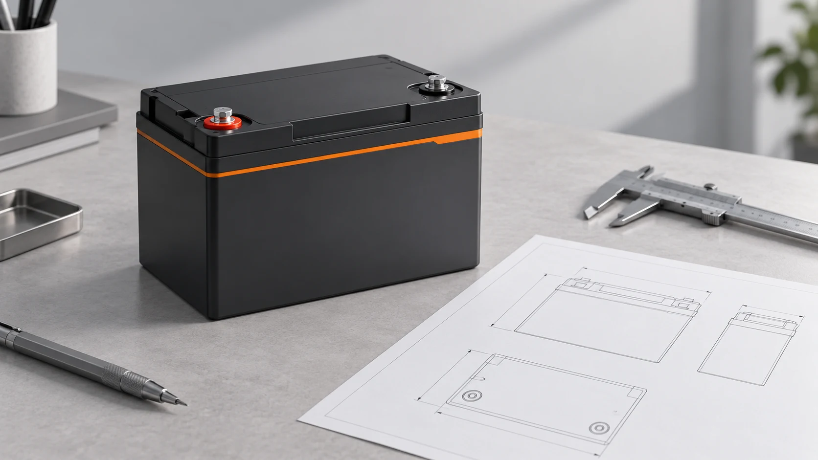 AI concept illustration of a generic compact battery on an engineering desk