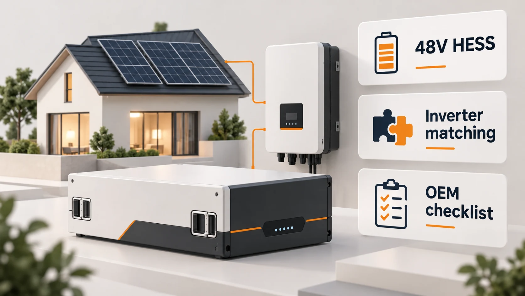 Concept illustration of a 48V-class home battery, inverter and OEM matching checklist