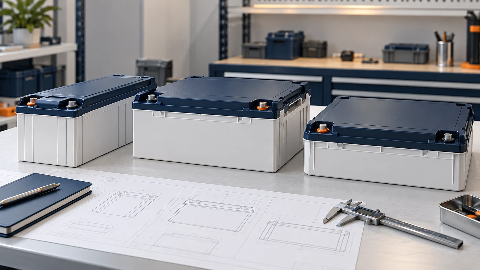 Concept illustration of three generic battery enclosures for an OEM mechanical comparison