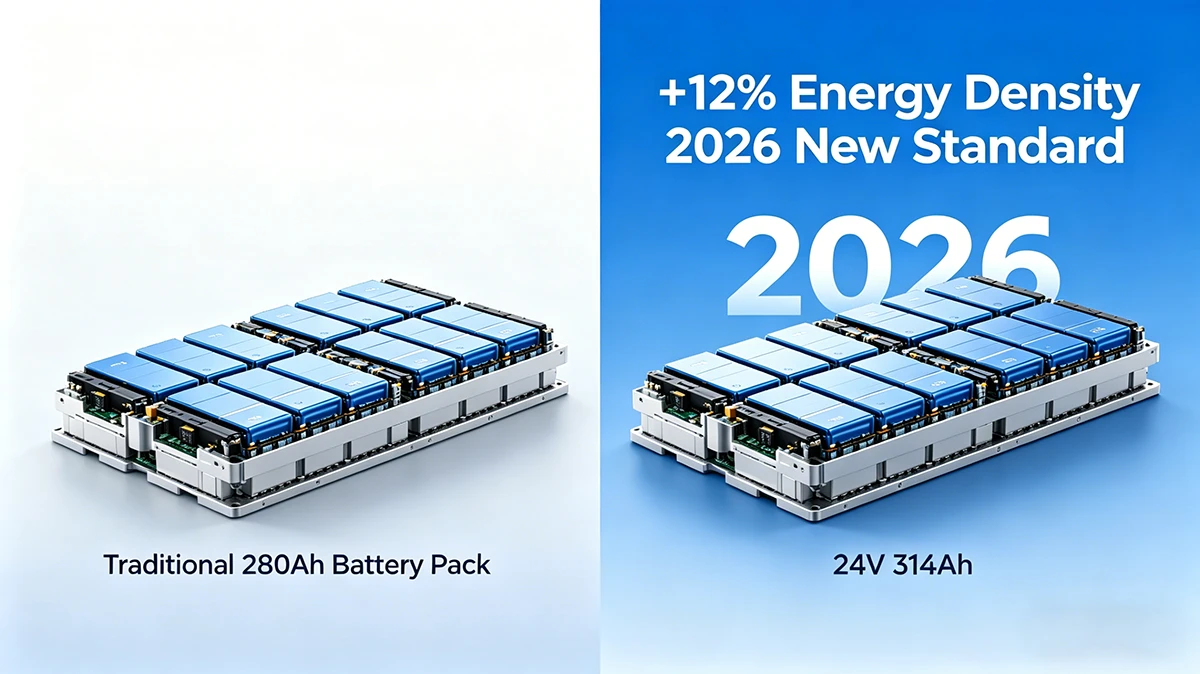 Mottcell 24V 314Ah LiFePO4 battery pack showing 12 percent energy density boost over 280Ah standard