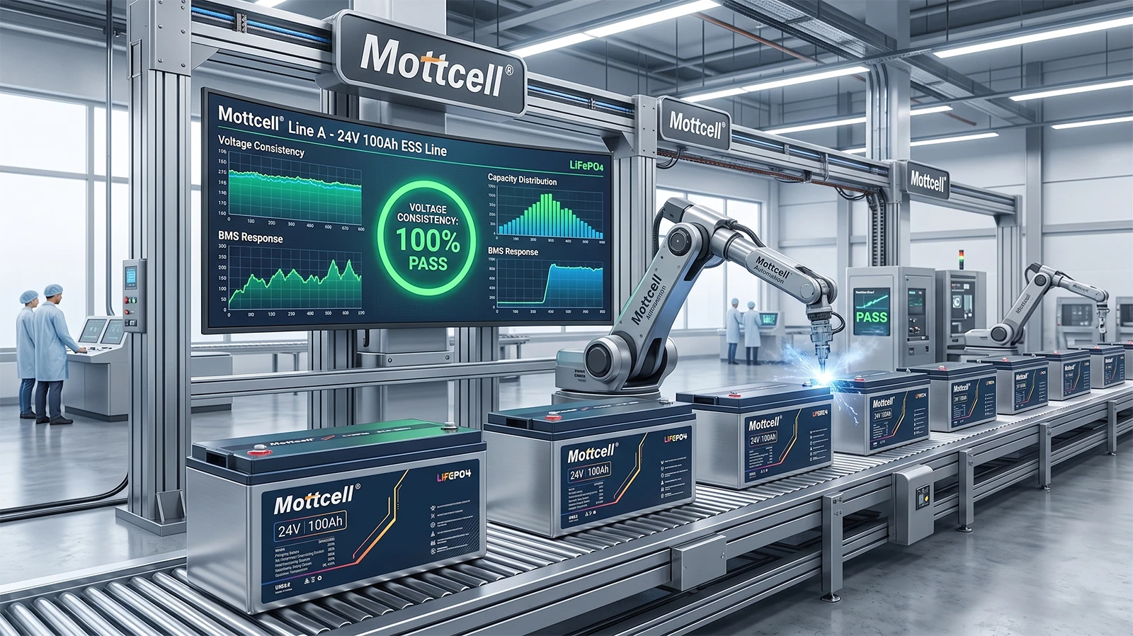 Mottcell 24V 100Ah LiFePO4 battery pack automated manufacturing and testing line in 2026 factory