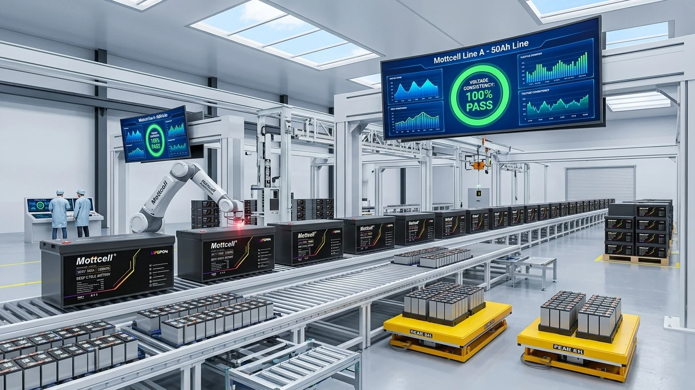 Mottcell 24V 50Ah battery pack factory production line with automated LiFePO4 assembly and quality testing