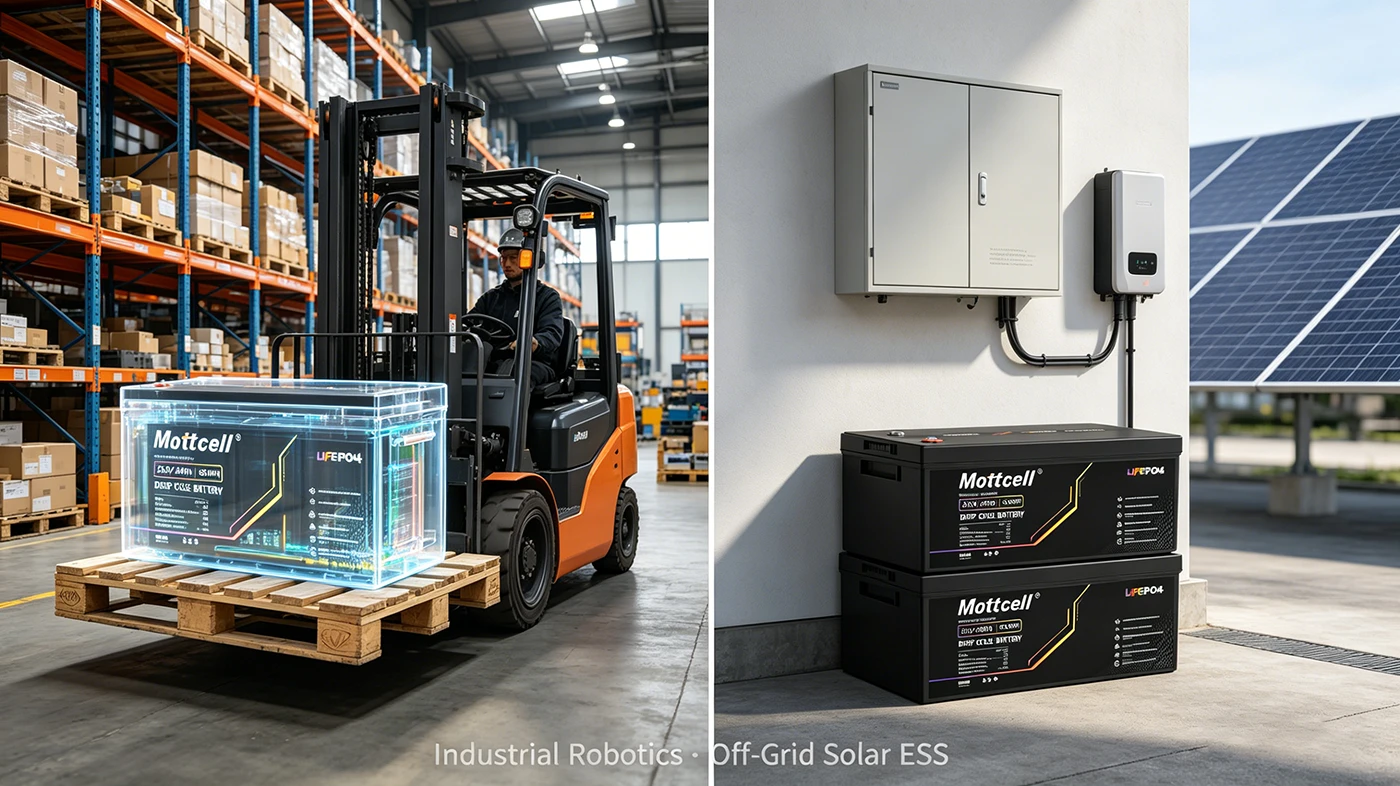 Versatile B2B application of Mottcell 24V 200Ah battery packs in modern industrial AGVs and residential solar energy storage systems