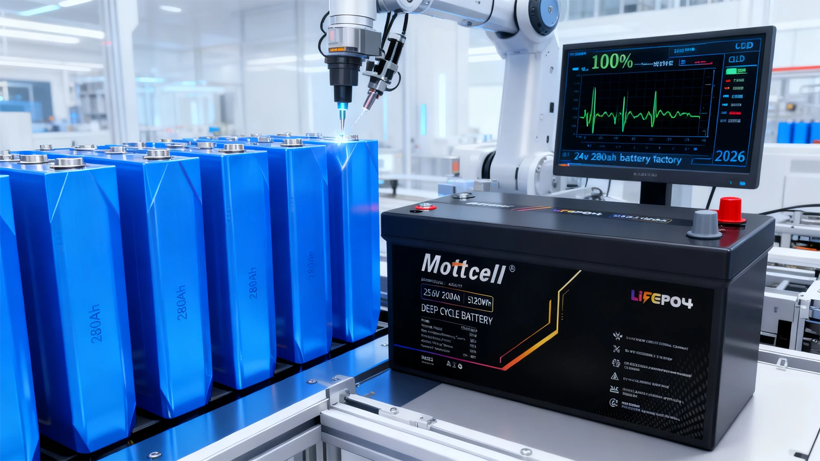 Mottcell 24V 280Ah battery factory utilizing Grade A prismatic LiFePO4 cells for high-capacity battery pack assembly