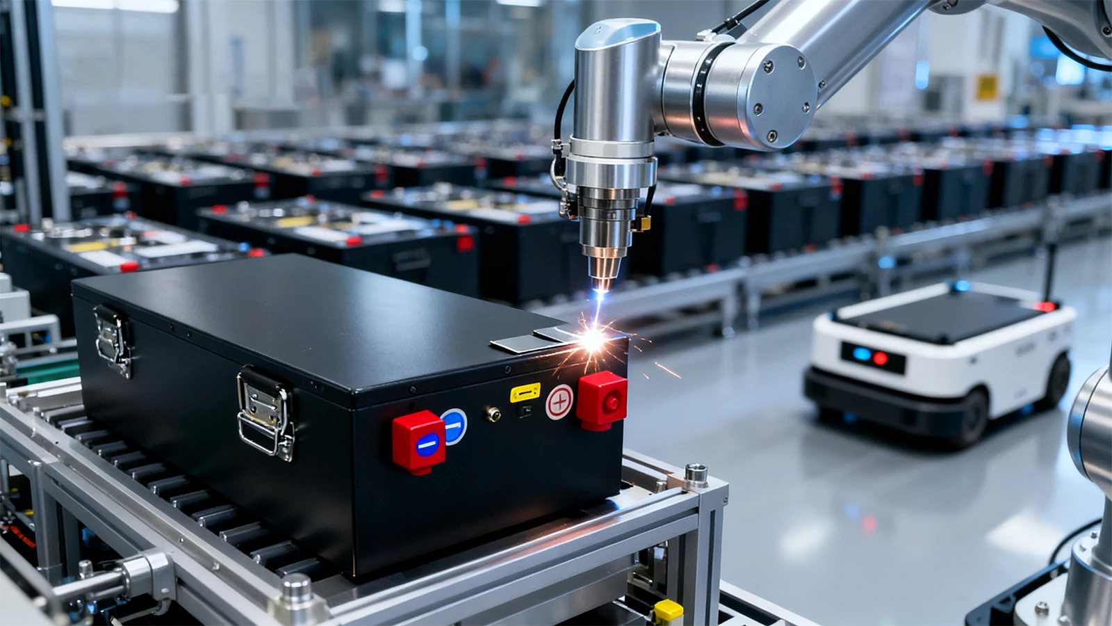 Robotic laser welding station joining high-capacity LiFePO4 cells in a modern Mottcell 36V battery pack factory Robotic laser welding station joining high-capacity LiFePO4 cells in a modern Mottcell 36V battery pack factory