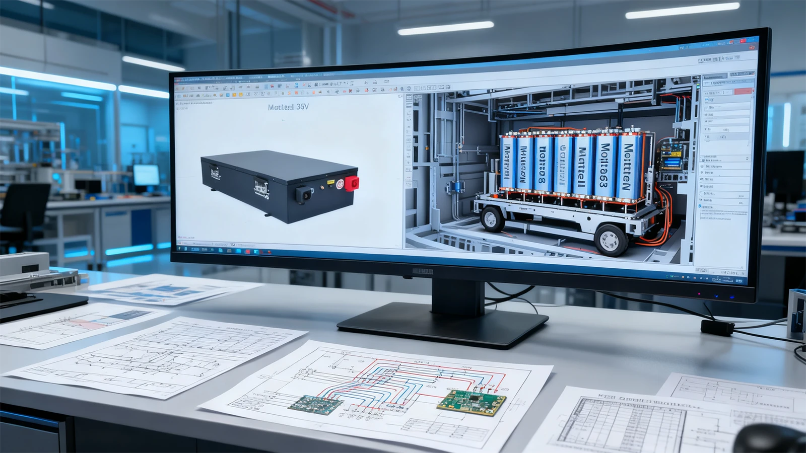 Mottcell custom 36V battery pack engineering design and 3D CAD modeling for industrial AGV chassis optimization