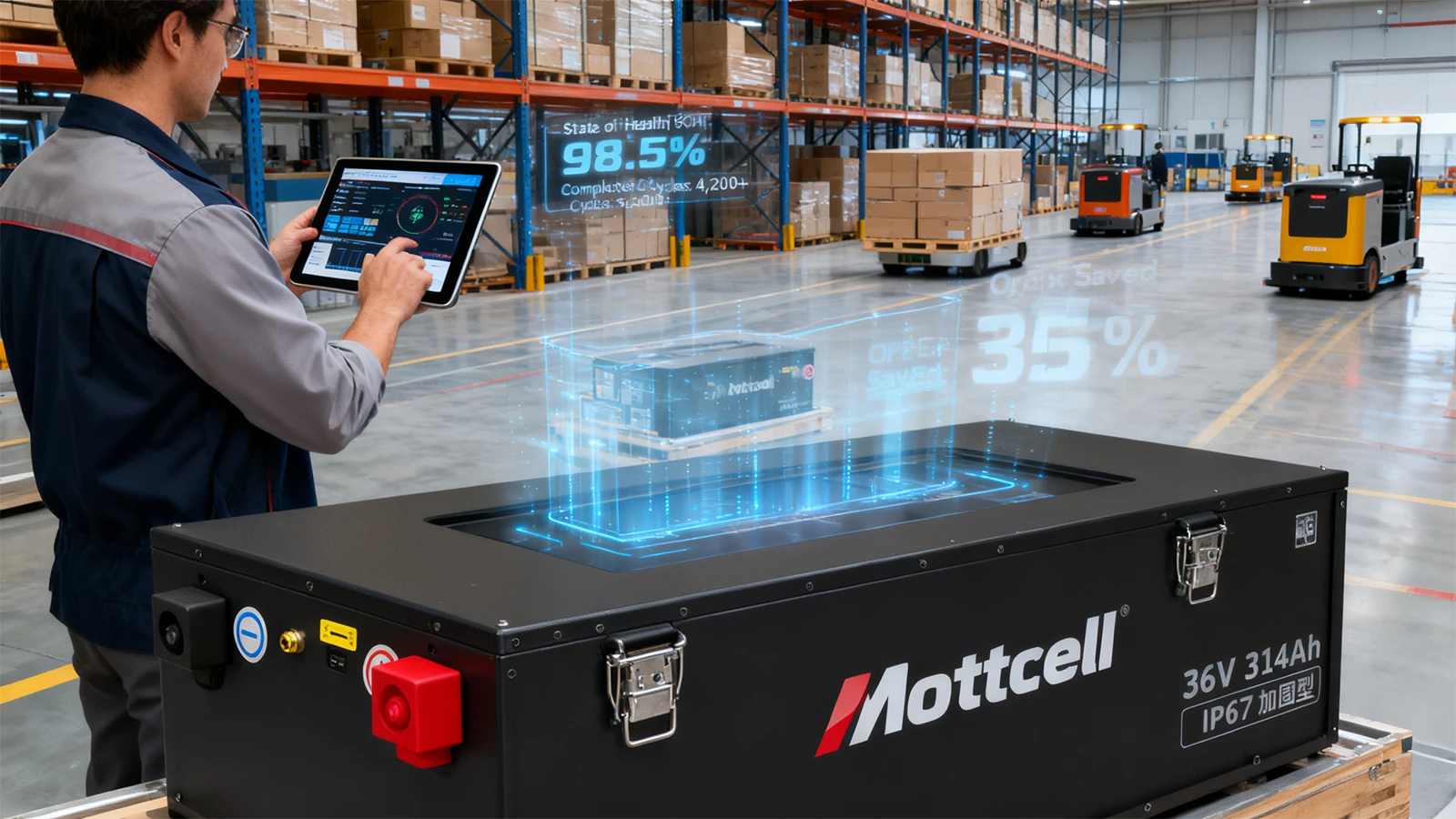 Industrial 36V 314Ah battery pack deploying smart BMS telemetry data to optimize project ROI and lifecycle cost
