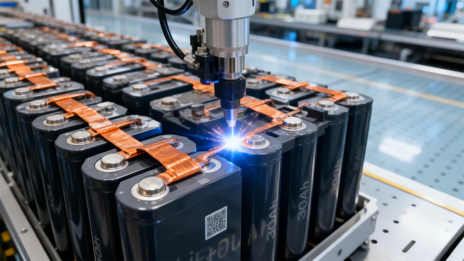 Automated factory laser welding of Grade A prismatic LiFePO4 cells for a robust 36V 300Ah battery pack matrix Automated factory laser welding of Grade A prismatic LiFePO4 cells for a robust 36V 300Ah battery pack matrix