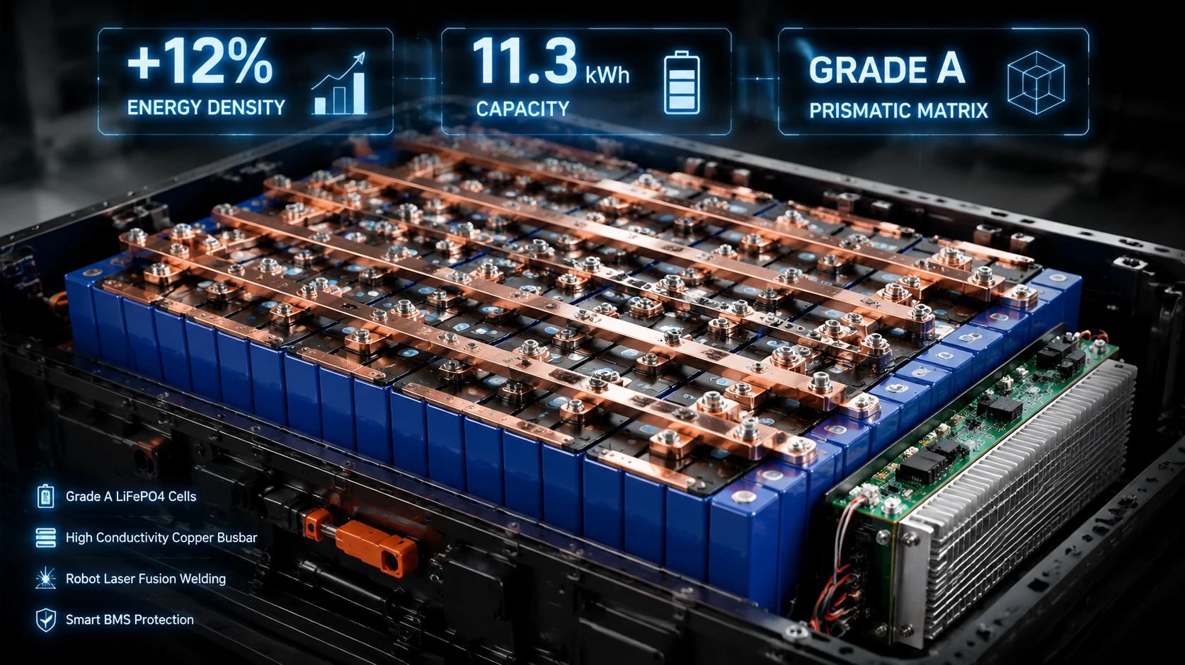 Mottcell high-density 36V 314Ah LiFePO4 battery pack internal structure with robotic laser welded busbars and smart BMS Mottcell high-density 36V 314Ah LiFePO4 battery pack internal structure with robotic laser welded busbars and smart BMS