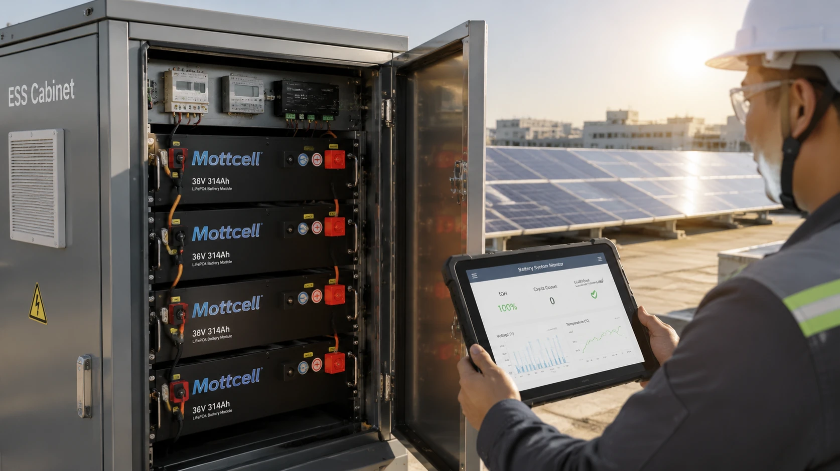 Commercial 36V 314Ah solar energy storage system ESS cabinet deployment with CANbus smart BMS telemetry dashboard Commercial 36V 314Ah solar energy storage system ESS cabinet deployment with CANbus smart BMS telemetry dashboard