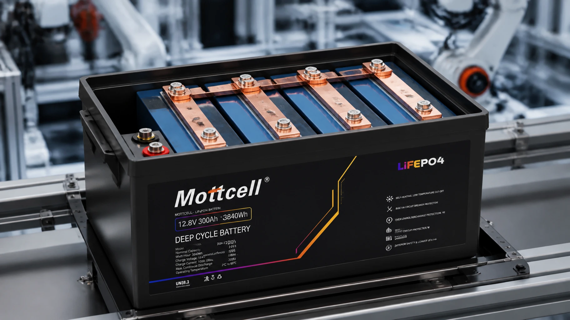 Mottcell custom 12V 300Ah LiFePO4 battery pack showing four series prismatic cells locked in a steel compression frame Mottcell custom 12V 300Ah LiFePO4 battery pack showing four series prismatic cells locked in a steel compression frame