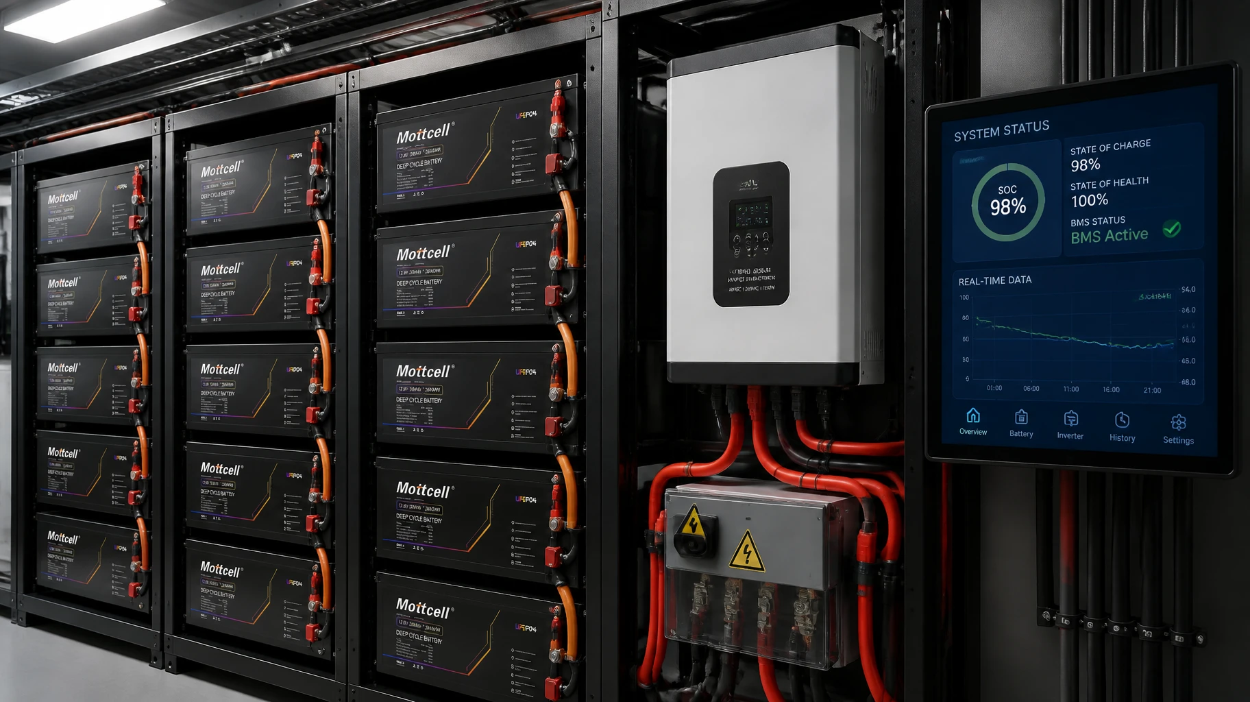 Industrial 12V 300Ah energy storage system rack integrated with solar inverters and active smart BMS telemetry screen Industrial 12V 300Ah energy storage system rack integrated with solar inverters and active smart BMS telemetry screen