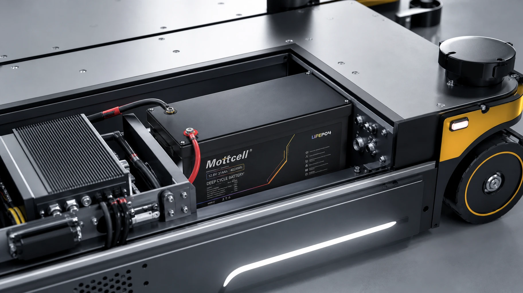 Mottcell custom high-density 12V 314Ah LiFePO4 battery pack showing space-saving enclosure design built for industrial AGVs Mottcell custom high-density 12V 314Ah LiFePO4 battery pack showing space-saving enclosure design built for industrial AGVs