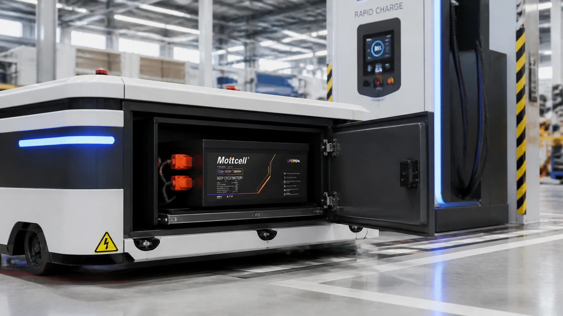 Mottcell custom industrial 12V 100Ah LiFePO4 battery pack installed in an automated factory AGV vehicle with opportunity charging capabilities Mottcell custom industrial 12V 100Ah LiFePO4 battery pack installed in an automated factory AGV vehicle with opportunity charging capabilities