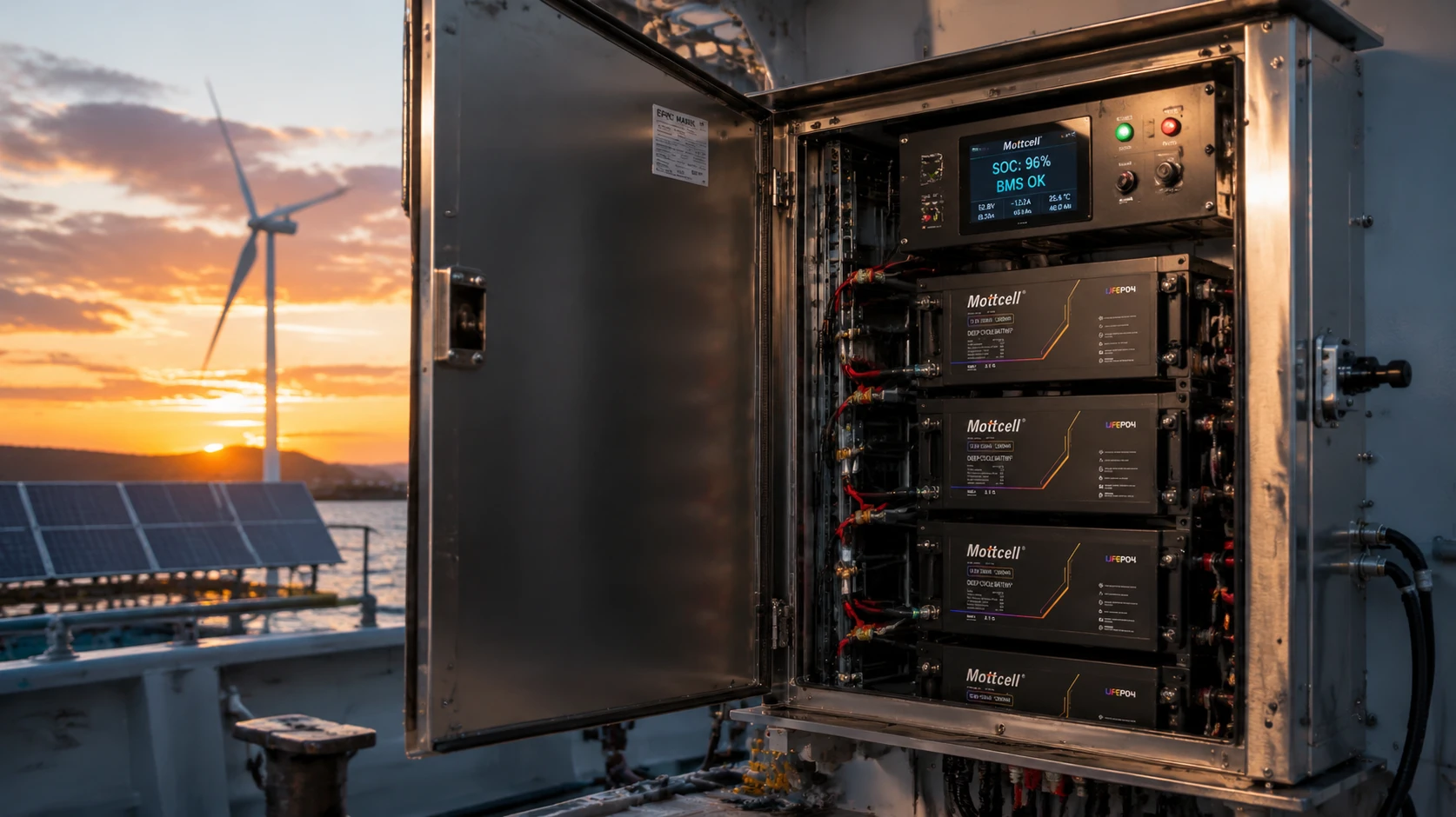 Outdoor ruggedized solar energy storage system cabinet integrating multiple modular 12V 100Ah lithium battery banks with active smart BMS control Outdoor ruggedized solar energy storage system cabinet integrating multiple modular 12V 100Ah lithium battery banks with active smart BMS control