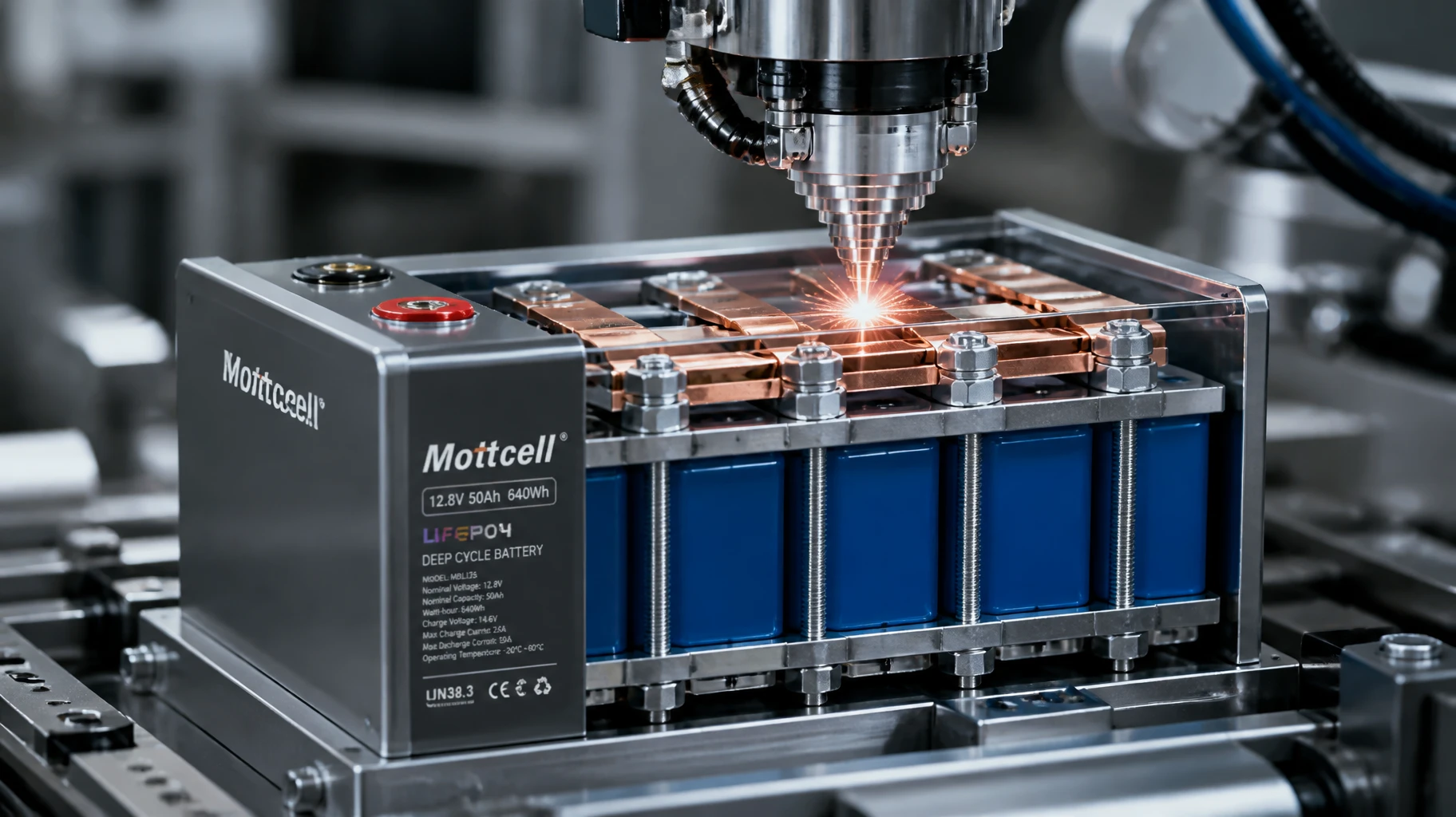 Mottcell custom industrial 12V 50Ah LiFePO4 battery pack showing series prismatic cells locked in a heavy-duty compression frame with laser-welded busbars Mottcell custom industrial 12V 50Ah LiFePO4 battery pack showing series prismatic cells locked in a heavy-duty compression frame with laser-welded busbars