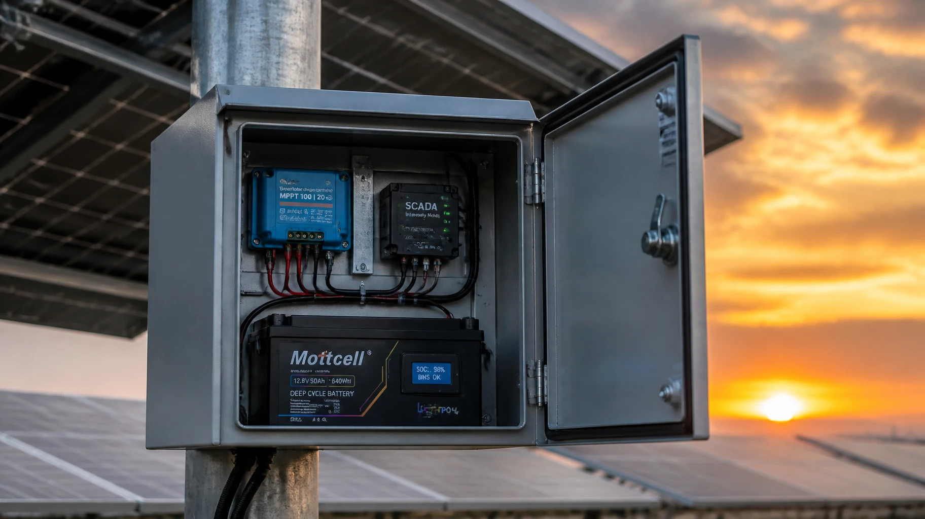 Outdoor ruggedized solar telemetry enclosure integrating modular 12V 50Ah lithium battery banks with active smart BMS control loops Outdoor ruggedized solar telemetry enclosure integrating modular 12V 50Ah lithium battery banks with active smart BMS control loops