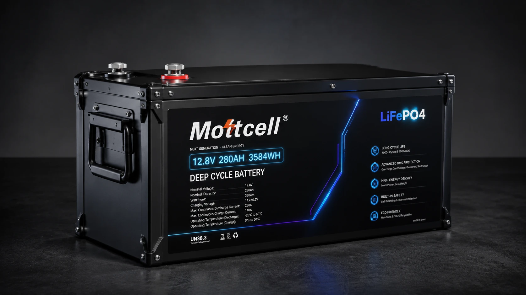 Heavy-duty industrial 12V 280Ah LiFePO4 battery pack enclosure with Grade A prismatic cells by Mottcell factory