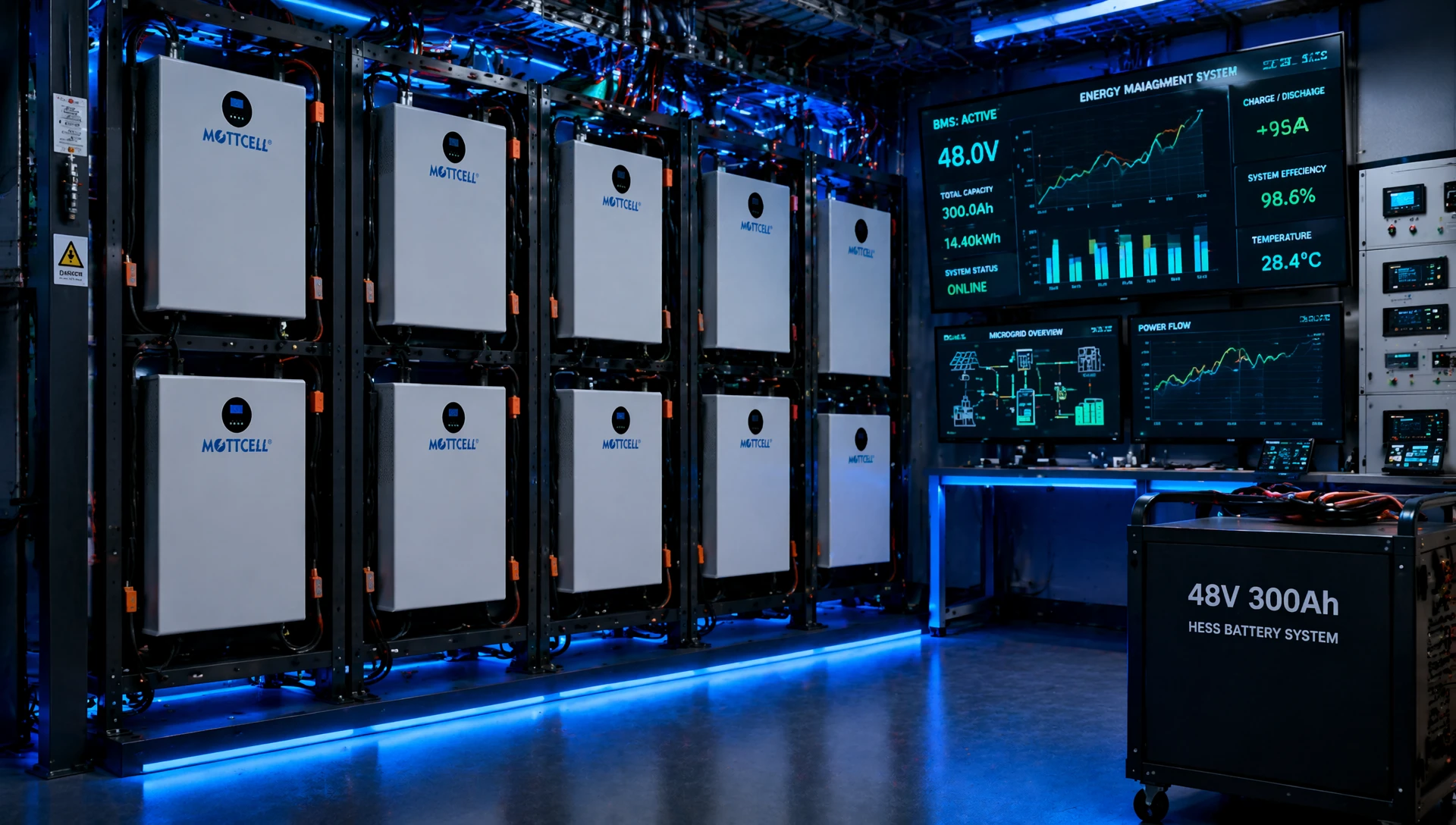 Industrial-grade HESS 48v 300ah for solar system microgrid integration operating inside a modern factory energy management lab