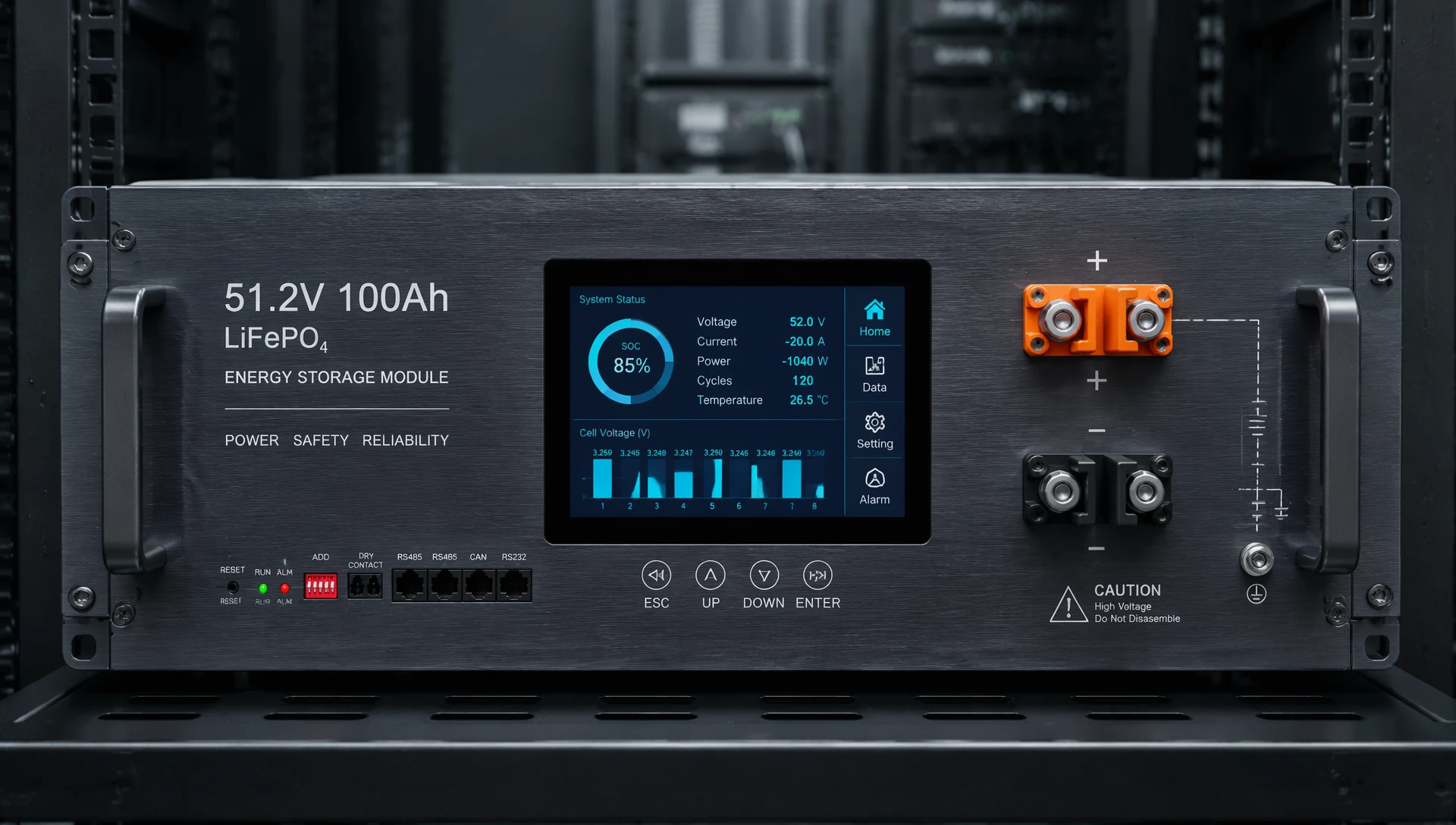 Modular 51.2V 16S LiFePO4 rack-mounted battery storage pack with smart BMS by Mottcell factory. Modular 51.2V 16S LiFePO4 rack-mounted battery storage pack with smart BMS by Mottcell factory.