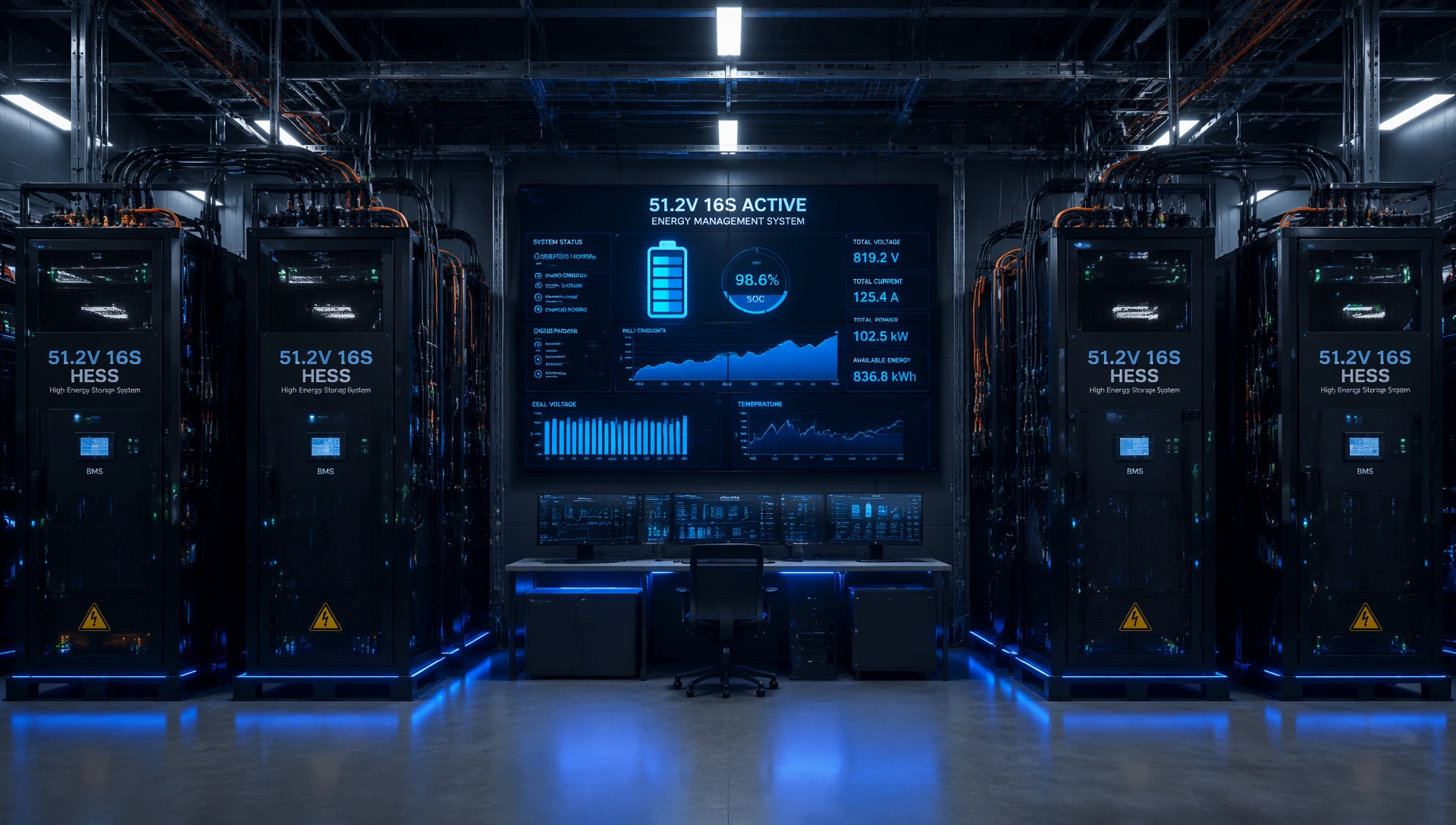 Industrial-grade HESS 51.2v 280ah for solar system integration operating inside a factory microgrid control center. Industrial-grade HESS 51.2v 280ah for solar system integration operating inside a factory microgrid control center.