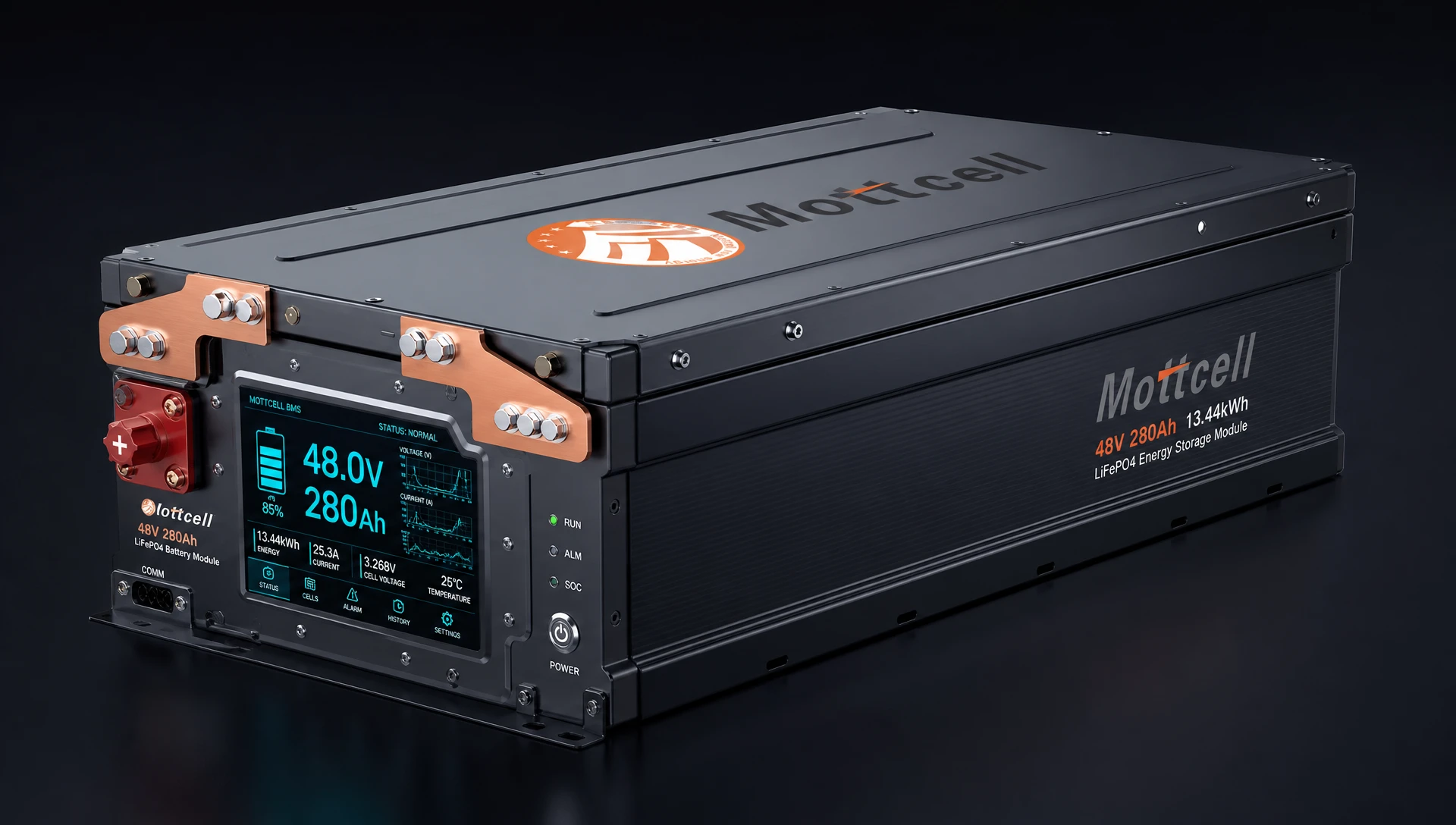 3D isometric render of a high-density customized 48v 280ah HESS module with dark slate gray metallic chassis and glowing cyan display by Mottcell factory.