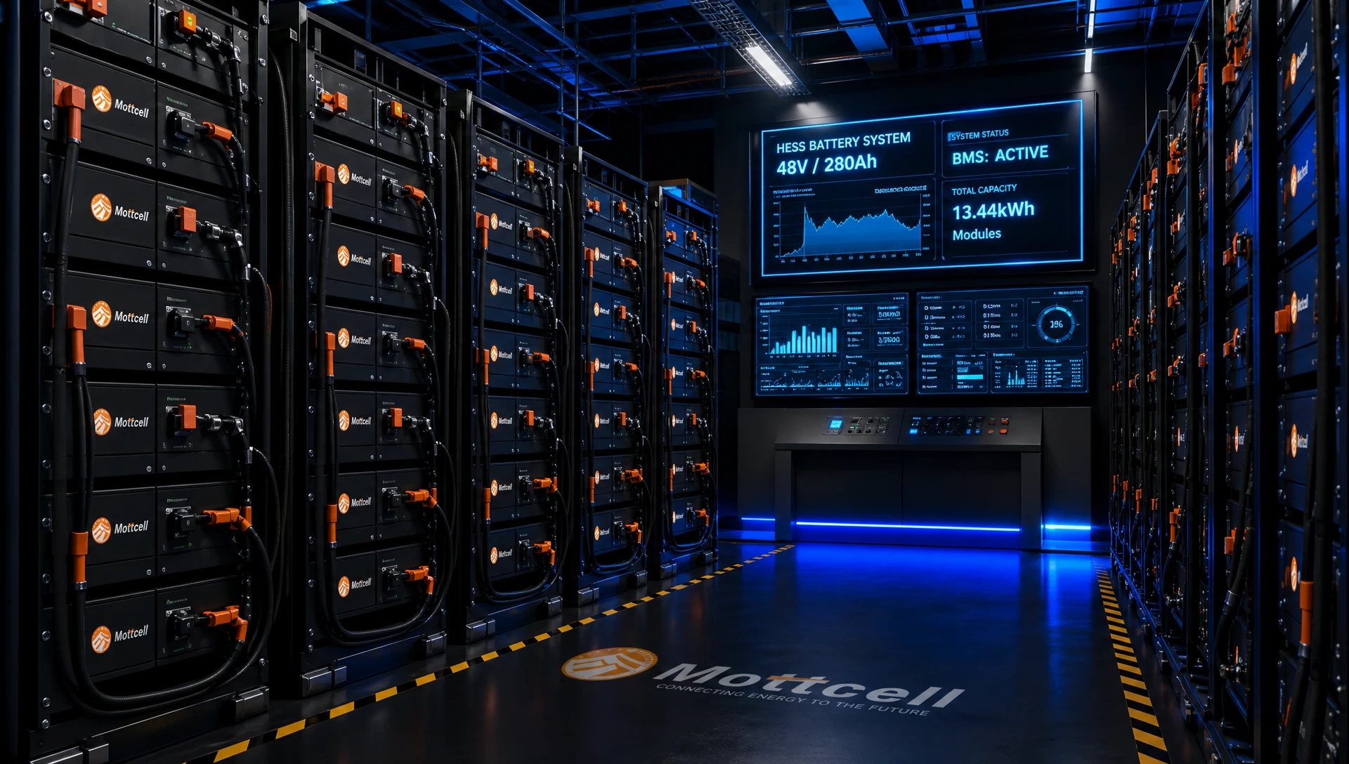 Industrial-grade HESS 48v 280ah for solar system parallel integration inside a modern factory microgrid control room.