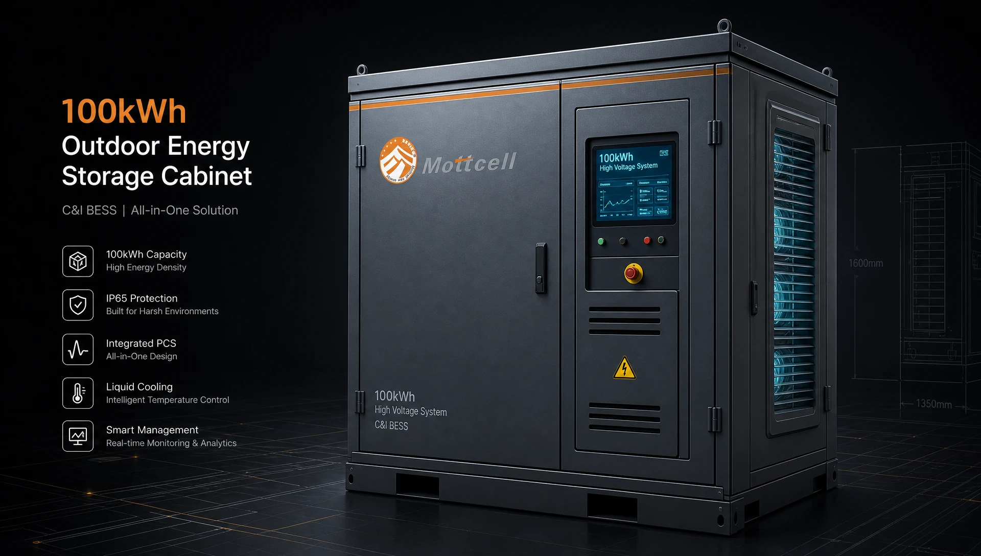 3D isometric render of an outdoor liquid-cooled customized 100kwh HESS cabinet with dark slate gray metallic chassis and glowing cyan display by Mottcell factory.