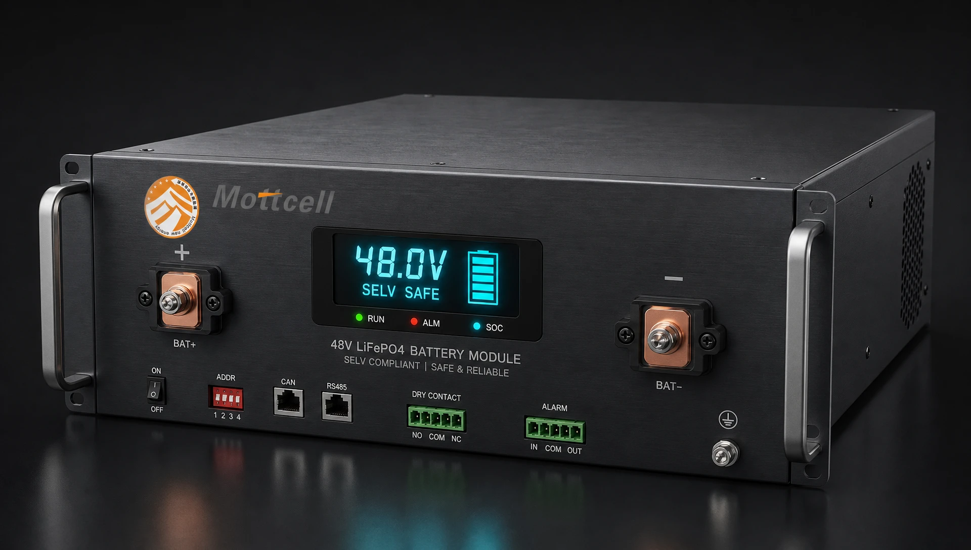 3D isometric render of a SELV-compliant 48v customized HESS module with dark slate gray metallic chassis and glowing cyan display by Mottcell factory.