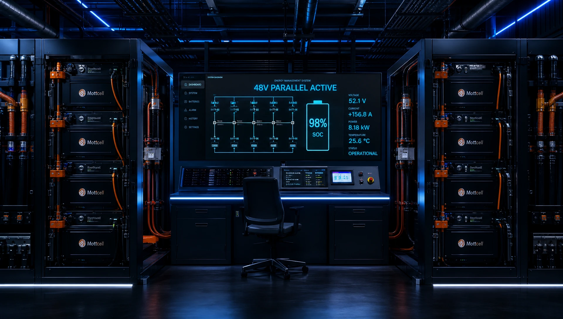 Industrial-grade HESS 48v for solar system parallel integration operating inside a modern factory PLC control room.