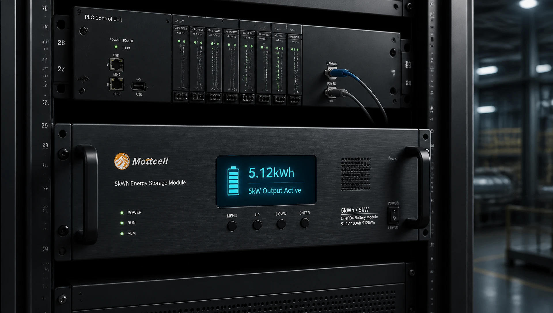 3D isometric render of a standard 19-inch rack-mounted 5kwh HESS module with dark slate gray metallic chassis and glowing cyan display by Mottcell factory. 3D isometric render of a standard 19-inch rack-mounted 5kwh HESS module with dark slate gray metallic chassis and glowing cyan display by Mottcell factory.