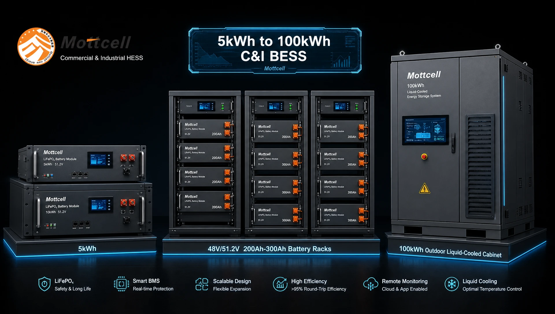 3D isometric render of Mottcell Commercial and Industrial HESS capacity spectrum from 5kWh modules to 100kWh outdoor cabinets.