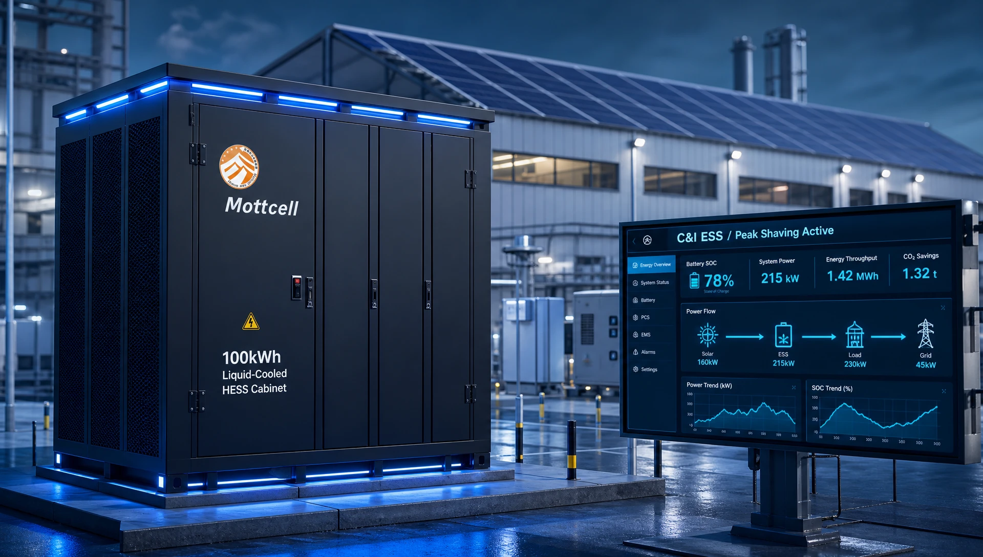 Outdoor 100kWh liquid-cooled C&I HESS cabinet operating inside a modern factory solar microgrid for peak shaving.