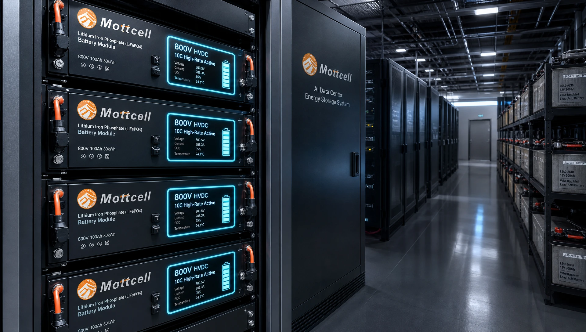 High-density LiFePO4 UPS battery rack replacing legacy lead-acid batteries in a modern AI data center corridor. High-density LiFePO4 UPS battery rack replacing legacy lead-acid batteries in a modern AI data center corridor.