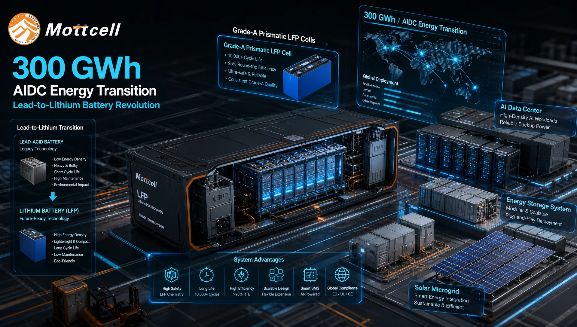 3D isometric illustration of the industrial lead-to-lithium battery transition for AIDC and commercial microgrids. 3D isometric illustration of the industrial lead-to-lithium battery transition for AIDC and commercial microgrids.