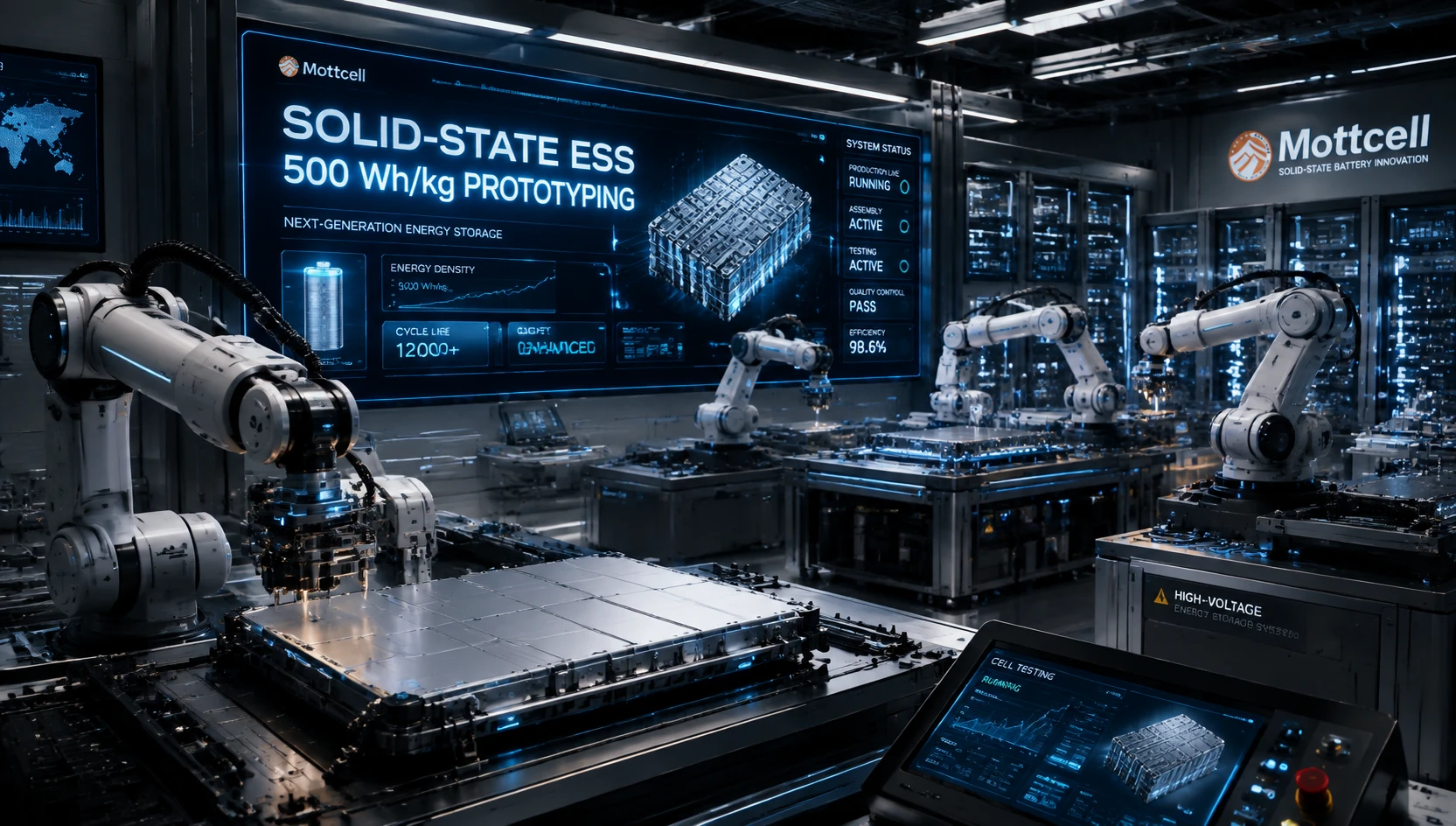 Cleanroom robotics testing next-generation solid-state battery modules and high-density commercial storage packs.