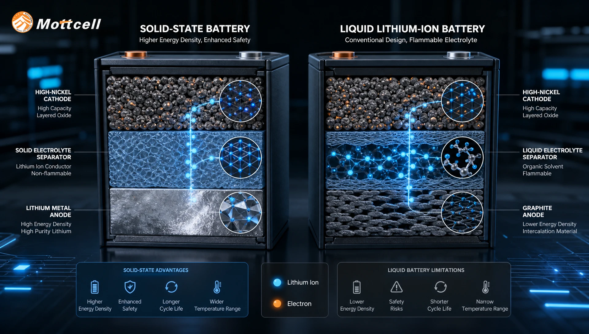 3D technical cutaway render of a solid-state battery cell showing solid electrolyte interface and lithium metal anode. 3D technical cutaway render of a solid-state battery cell showing solid electrolyte interface and lithium metal anode.