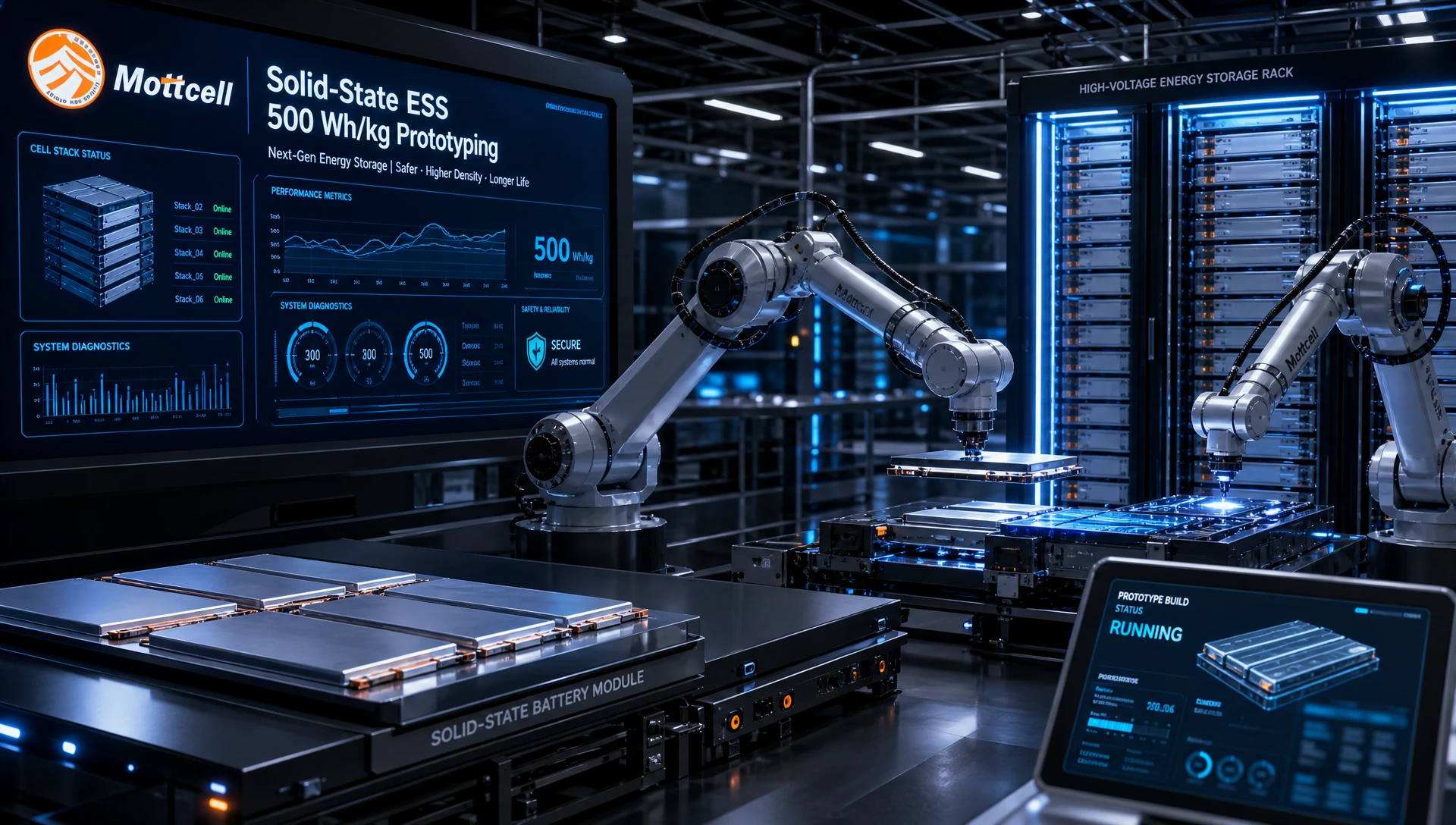 Cleanroom robotics testing next-generation solid-state battery modules and high-density commercial storage packs. Cleanroom robotics testing next-generation solid-state battery modules and high-density commercial storage packs.