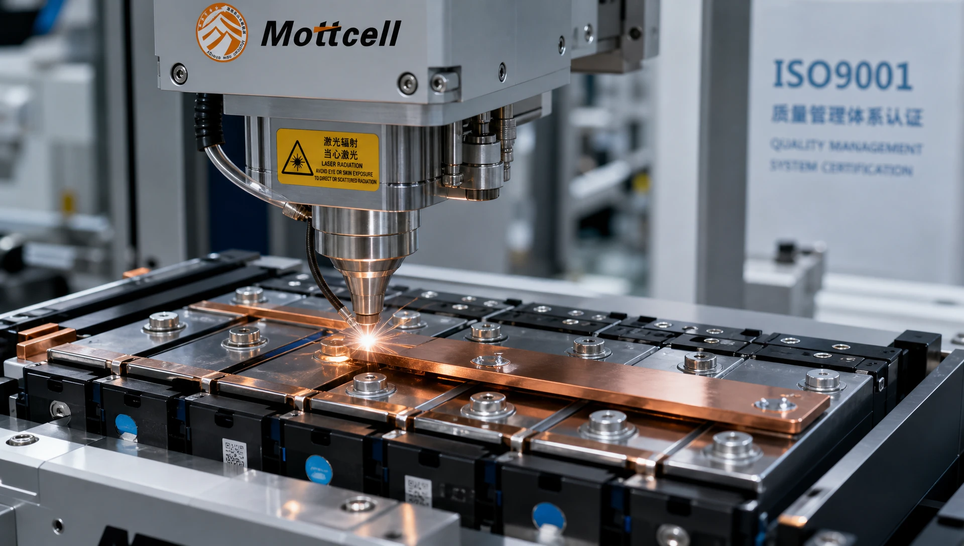 Automated laser welding of copper busbars on 12V battery pack manufacturing line Automated laser welding of copper busbars on 12V battery pack manufacturing line