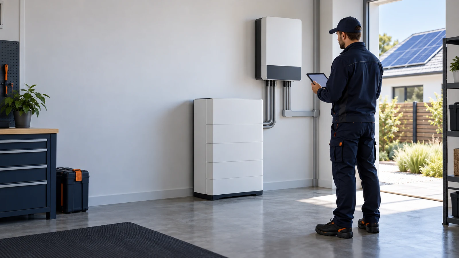 Concept illustration of a professional indoor home solar battery and inverter installation